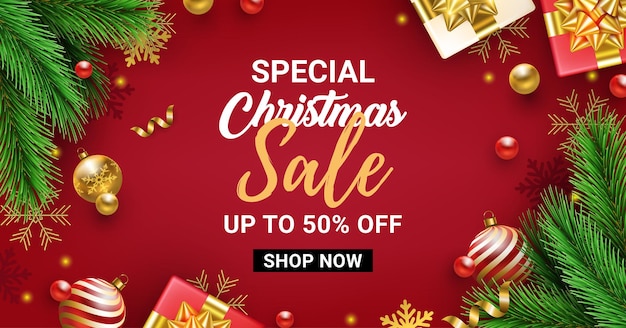 Realistic red christmas sale banner for social media post