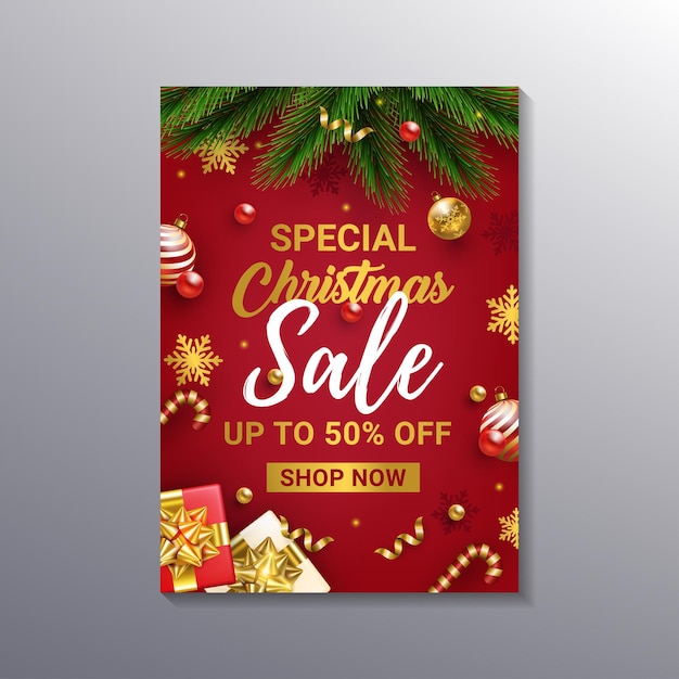 Realistic red christmas sale poster template