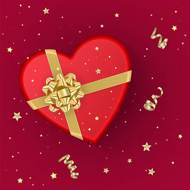 Vector a realistic red gift box with shape of heart decorated with a gold bow, top view.