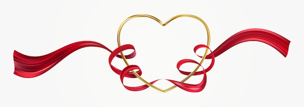 Vector realistic red heart with golden paint twisted ribbon