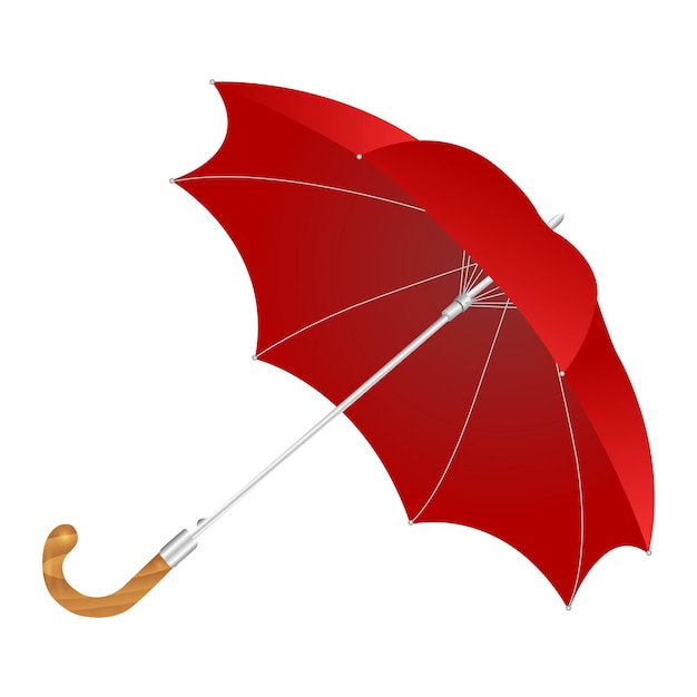 Realistic red open umbrella with curved  handle lying on its side