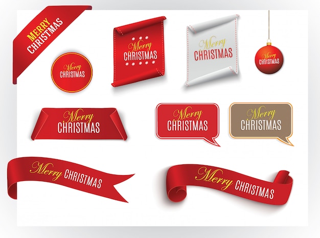 Realistic Red paper banners set. Merry Christmas.  illustration.