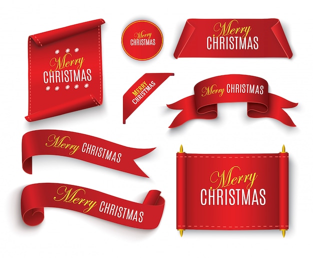 Realistic Red paper banners set. Merry Christmas.  illustration.