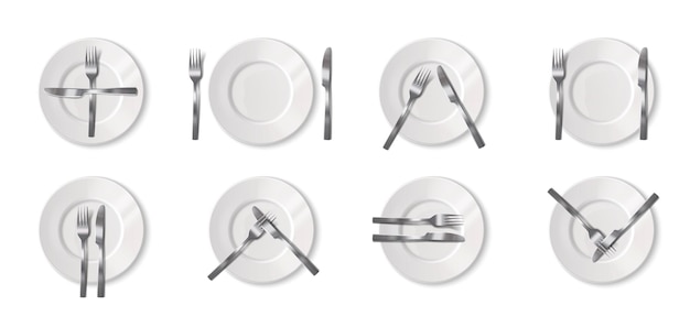 Realistic restaurant dining etiquette set with various positioning of cutlery on plate isolated vector illustration