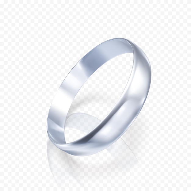 Realistic ring from white gold or silver 3D render of platinum ring with shadow and reflection Vector illustration isolated on transparent background