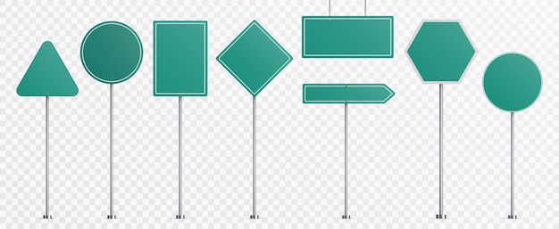 Realistic road signs. Green plate road direction signs templates set