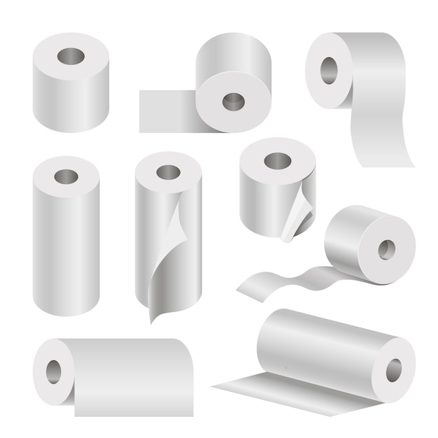 Realistic rolled toilet and towel paper poster on white.