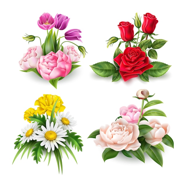 Realistic rose tulip peony and daisy flowers bouquet set Elegant valentines day decoration