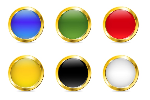 Realistic round button with golden frame Glossy blue red yellow green black and white badge