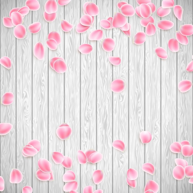 Realistic Sakura petals on a white wooden background.  