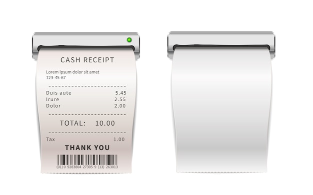 Vector realistic sales receipts going out from printing machine, white shopping bills . paper financial checks on white