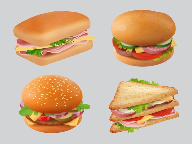 Vector realistic sandwich fast food burgers bun with vegetables and meat decent vector sandwitch template