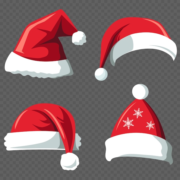 Vector realistic santa claus hat colllection holiday cap to xmas new year hats set of santa claus hats