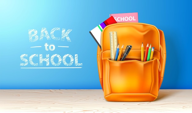 Realistic school bag with stationery Back to school ad poster template