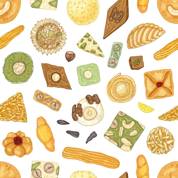 Realistic seamless pattern with traditional oriental confections or delicious pastry on white