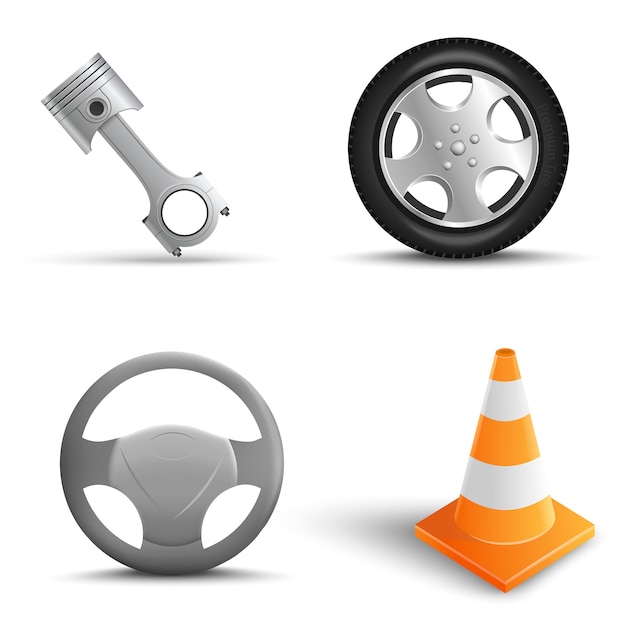 Realistic Set of car repair elements. Traffic Cone, Tire, Steering wheel, Engine pistons. Vector Illustration