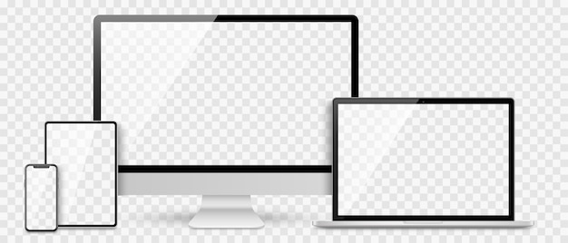 Realistic set computer, laptop, tablet and smartphone. Device screen mockup collection.