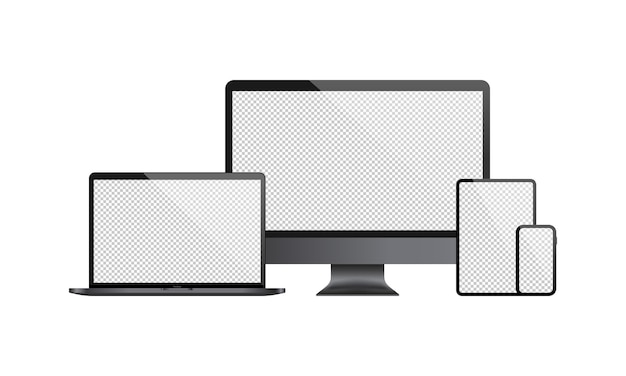 Realistic set of computer monitor, laptop, tablet, smartphone. With transparent blank display.