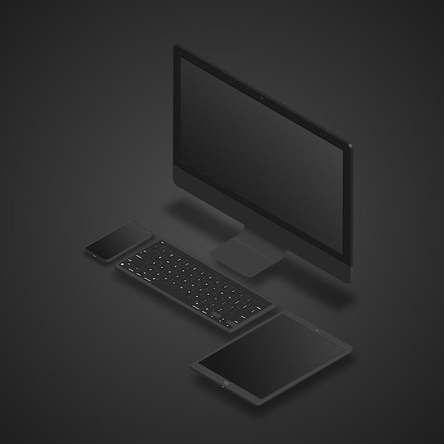 Realistic set desktop pc, tablet and smartphone.