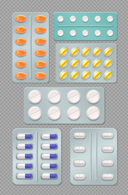 Realistic set of medicine blister packs with pills and capsules isolated on transparent