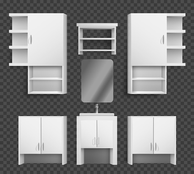 Vector realistic set of modern white kitchen cabinets counters and shelves isolated against transparent background vector illustration