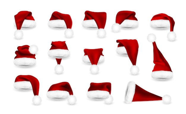 Realistic set of Red Santa Claus hats isolated on white background. Gradient mesh Santa Claus cap with fur. 