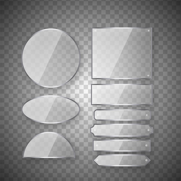 Vector realistic set of transparent glass plates blank shining frames isolated on background