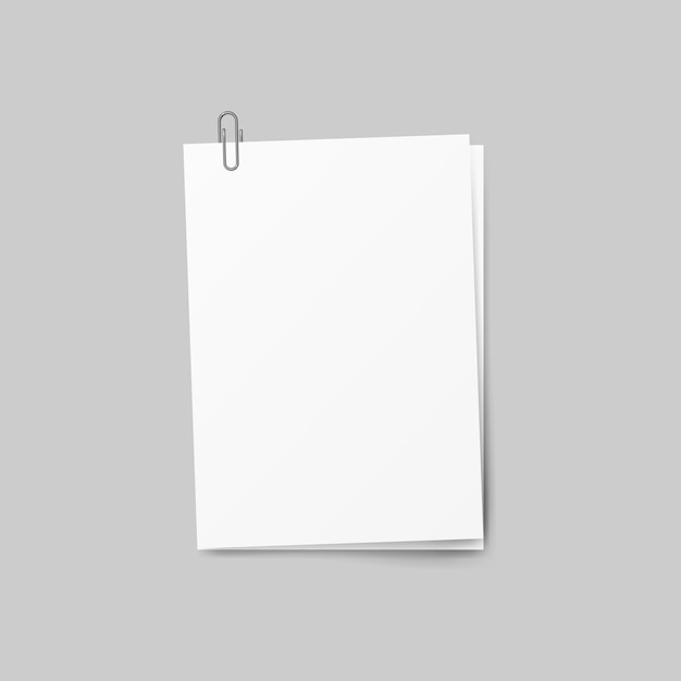 Realistic several sheets of paper and a metal paper clip isolated on background 3d Vector illustration