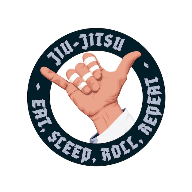 Realistic Shaka hand Bjj logo badge Eat sleep roll repeat Hand with tapes illustration for jiu-jitsu