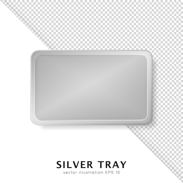 Realistic silver food tray for tableware and cutlery. Top view of 3d platter for utensil, crookery