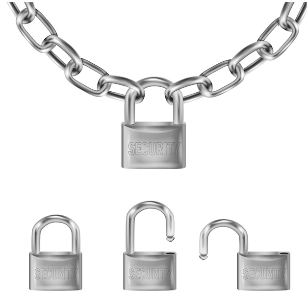 realistic silver lock on Metal chain links, open lock and open with the inscription security.