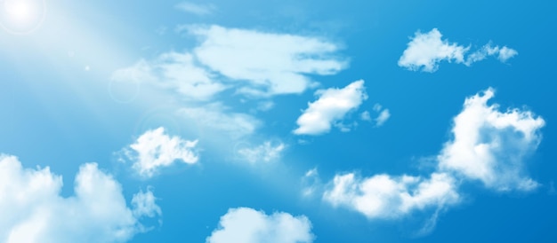 Vector realistic sky with clouds. blue sky white fluffy clouds sun rays