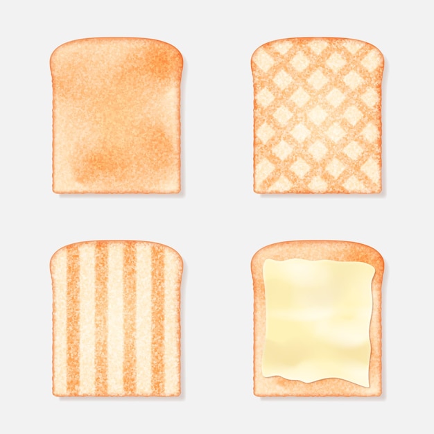 Realistic sliced bread toasts with butter set Slices of whole wheat white bread Bakery and food