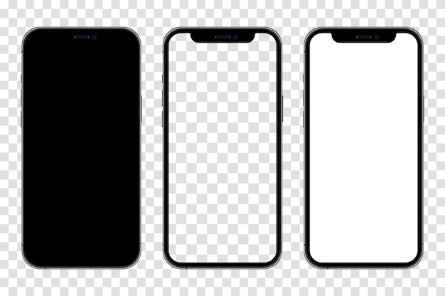 Realistic smartphone mockup set Mobile phone blank white transparent screen design Modern digital device template Cellphone display front view mock up Black frame Isolated vector illustration