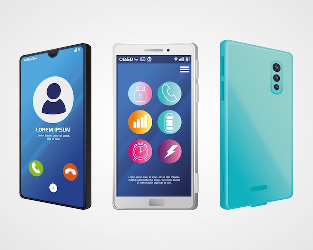 Realistic smartphones mockup with call and icons on screen