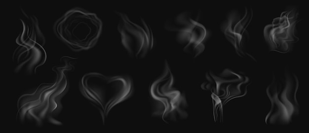 Vector realistic smoke white steam smoke from hot food or tea coffee and cigarette or hookah steam trail in ring and heart shape isolated on transparent background vector set