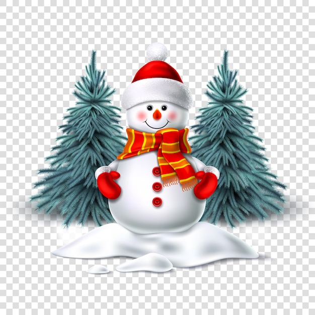 realistic snowman smiling standing in snow near spruce trees. Christmas character