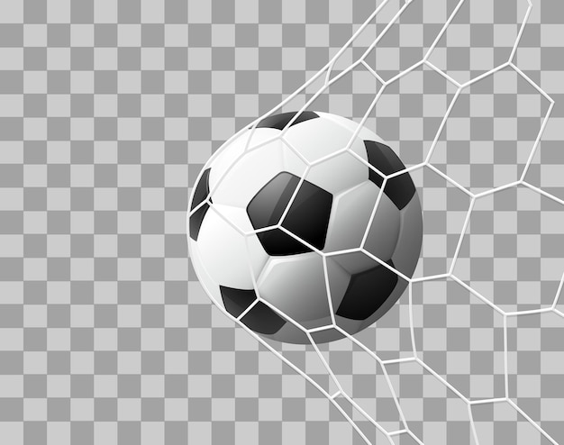 Realistic Soccer ball hitting the net isolated on transparent background