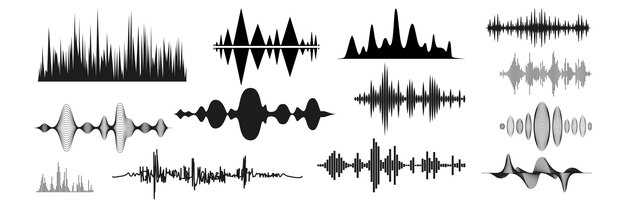 Vector realistic sound waves set. collection of audio different frequency radio music signals. illustration of digital equalizer technologies and pulsing lines or voice recording beats vibrations mockup.