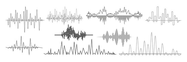 Vector realistic sound waves set. collection of audio different frequency radio music signals. illustration of digital equalizer technologies and pulsing lines or voice recording beats vibrations mockup.