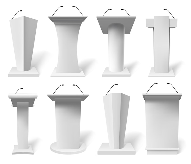 Realistic speech tribune. Debate tribune podiums with microphone, 3d public presentation tribune illustration set