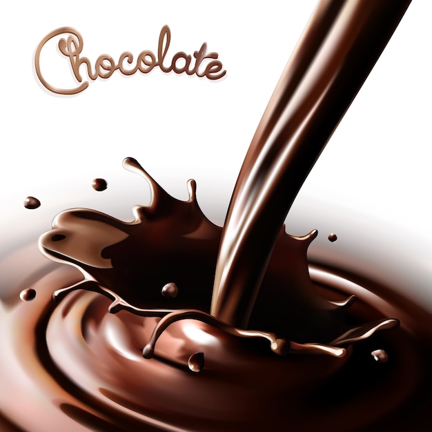 Realistic splash flowing chocolate or cocoa on a white background. Isolated   design elements