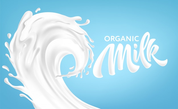 Realistic splashes of milk on a blue background. Organic Milk Handwriting Lettering