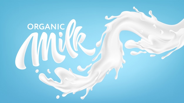 Realistic splashes of milk on a blue background. Organic Milk Handwriting Lettering