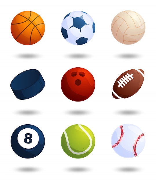 Realistic sports balls big set isolated on white background. Soccer and baseball, football game, tennis, bowling, ice hockey, volleyball.