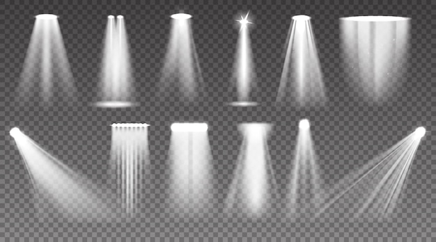 Realistic spotlight Shiny light ray and stage projector beam Glow effects Bright transparent lamp and white sun glitter Luminous floodlight templates Vector scene lighting set