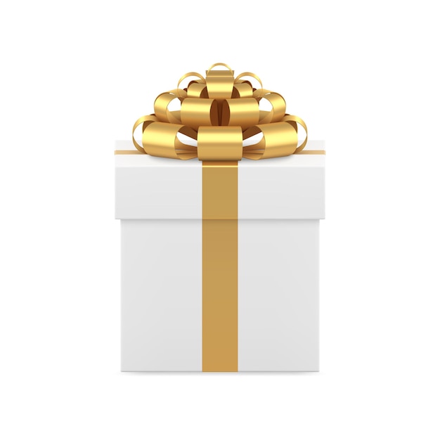 Realistic squared closed gift box decorated by metallic golden bow ribbon 3d template vector illustration. Amazement festive surprise cardboard package for holiday congratulations isometric mockup