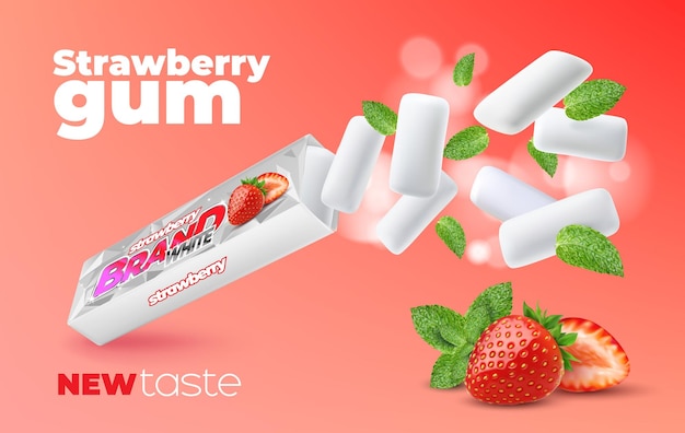 Realistic strawberry chewing gum spearmint leaves