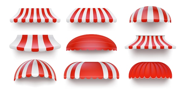 Realistic striped store sunshade awning, shop canopy. Red and white market umbrella. Front tent roof for shop showcase designs vector set