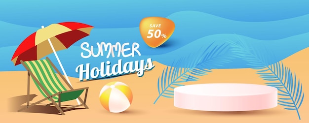 Realistic Summer big sale banner and poster design with tropical beach background Vector